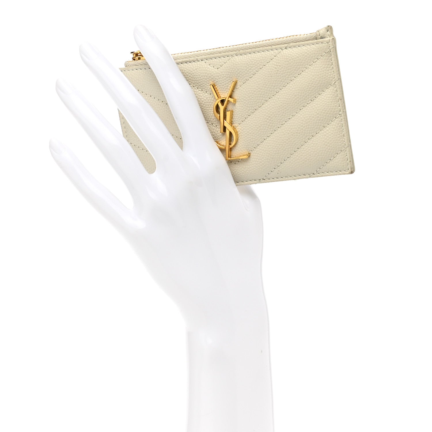 Saint Laurent Grain De Poudre Matelasse Chevron Monogram Fragments Zippered Card Case Blanc Vintage 2 of 12