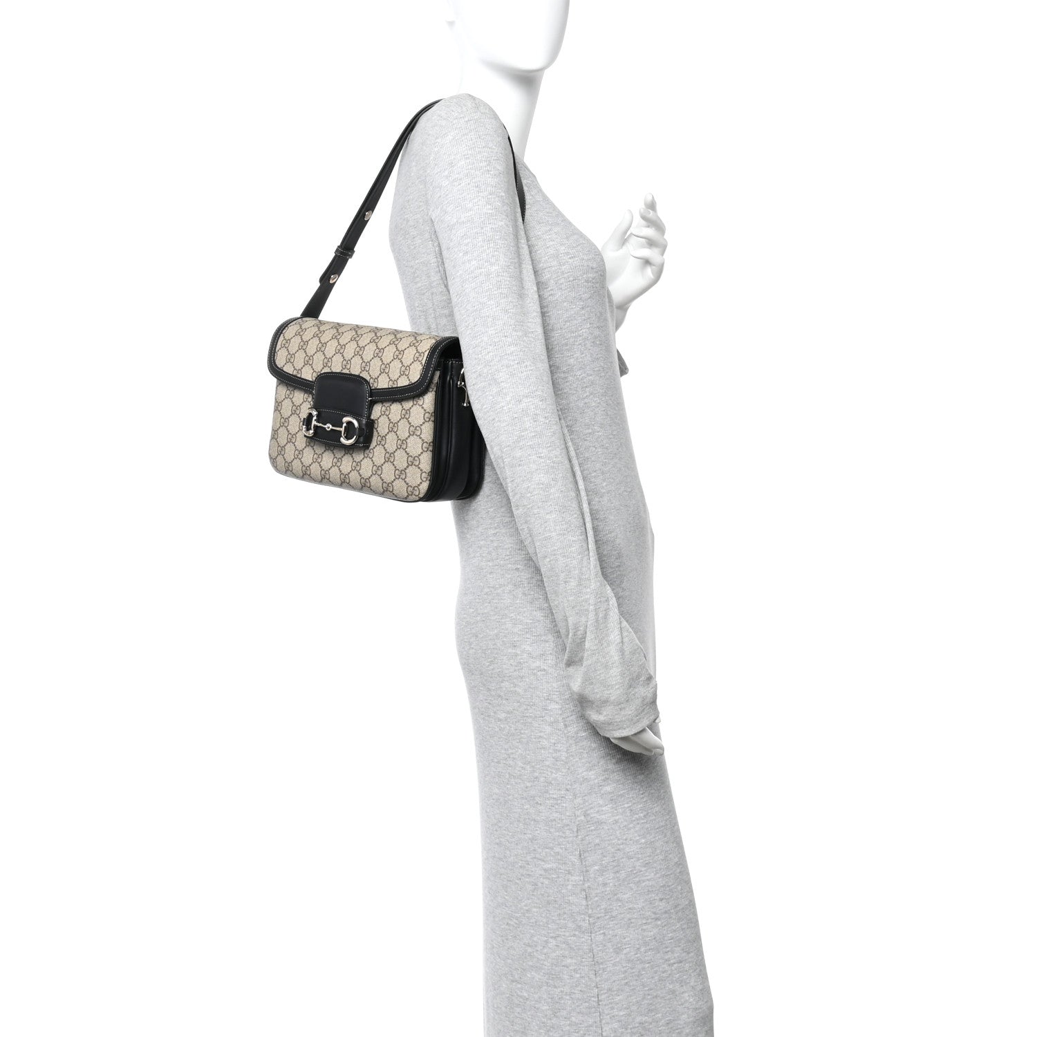 Gucci GG Supreme Monogram Horsebit 1955 Soft Small Shoulder Bag Beige Black 2 of 11