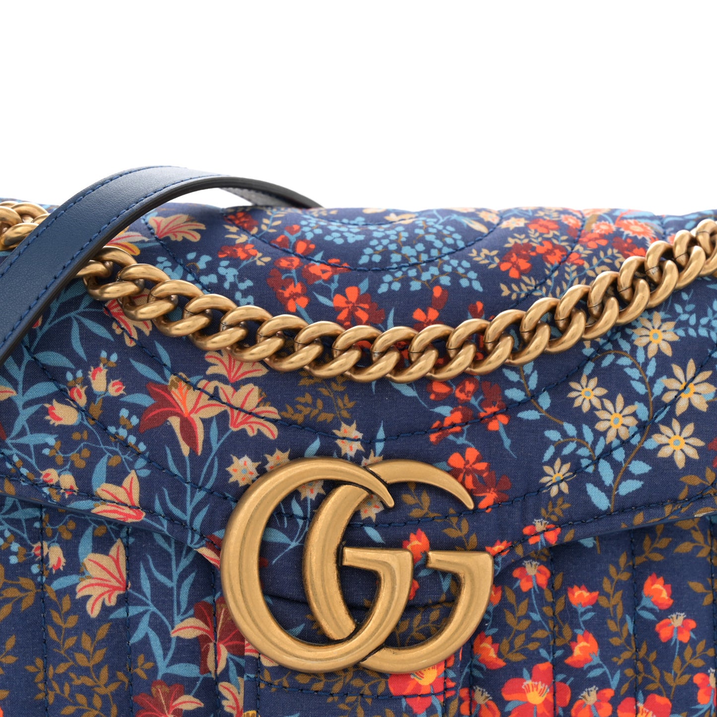 Cotton Calfskin Matelasse Floral Print Small GG Marmont Shoulder Bag Blue Red Deep Ocean Blue