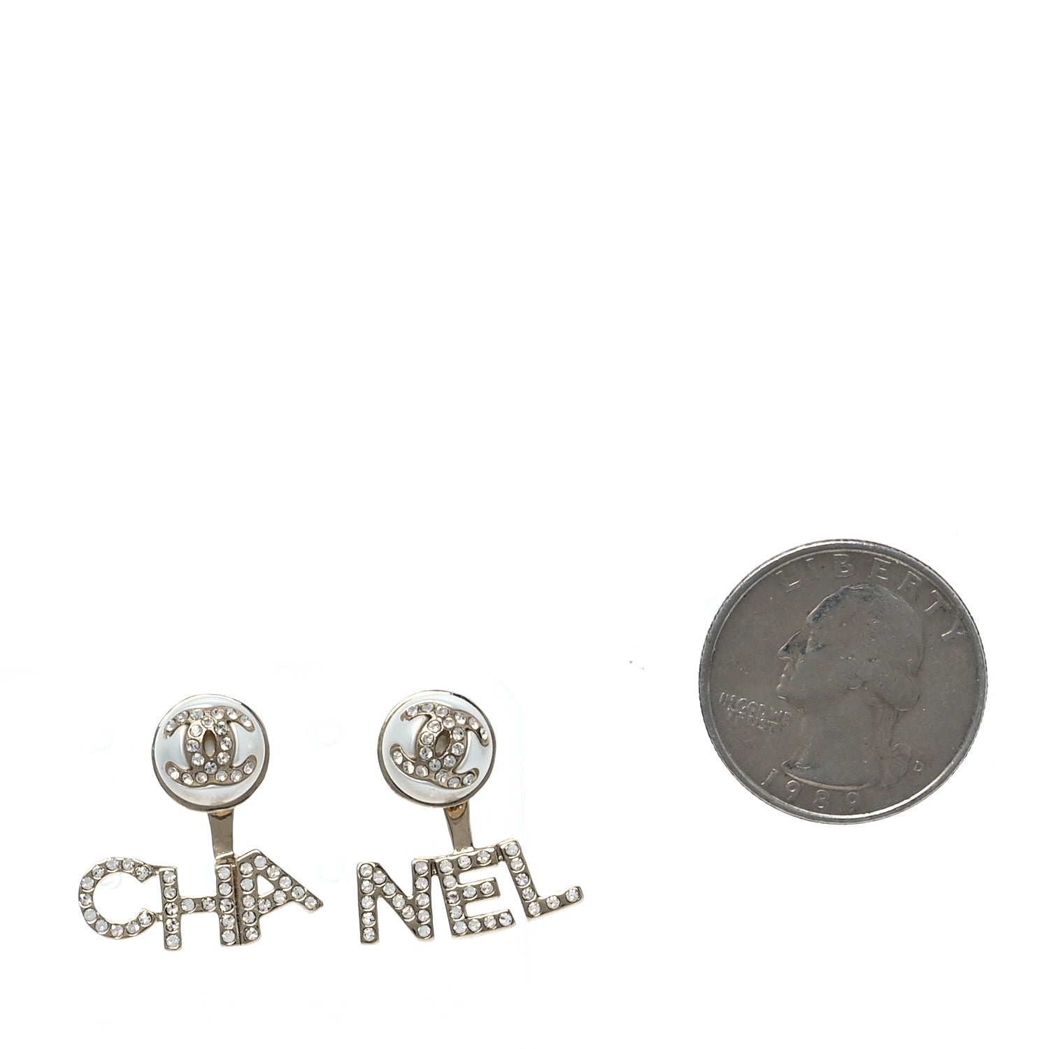 Chanel Pearl Crystal Logo Earrings Gold Pearly White 2 of 5