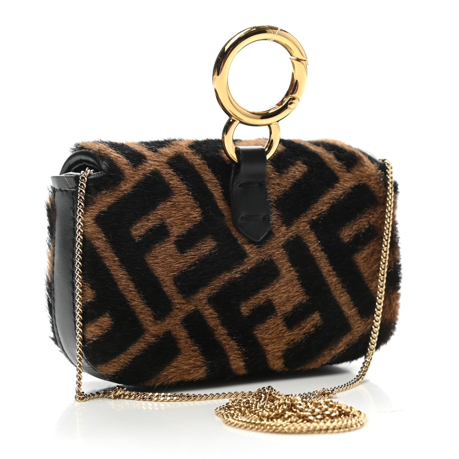 Fendi Sheared Sheepskin Vitello King FF Nano Baguette Charm Tobacco Moro Black 3 of 9