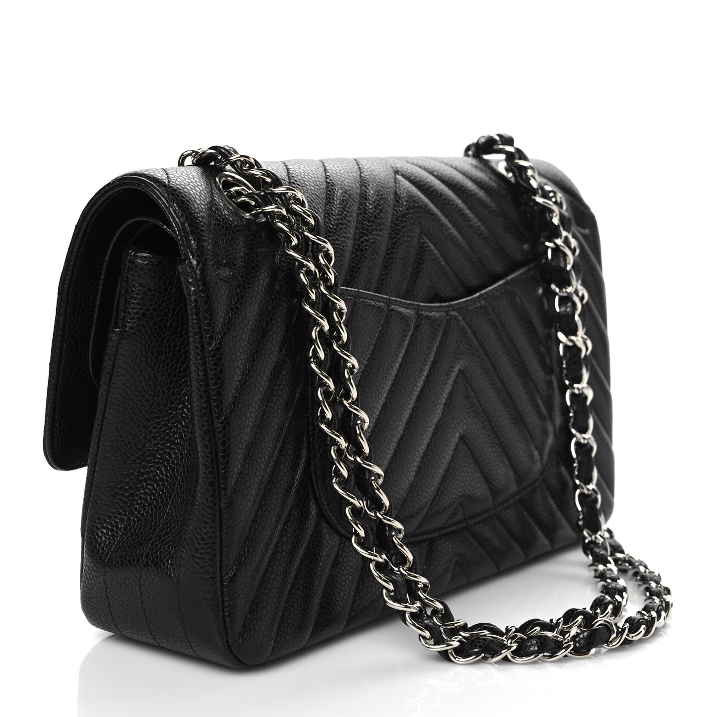 Caviar Chevron Quilted Medium Double Flap Black