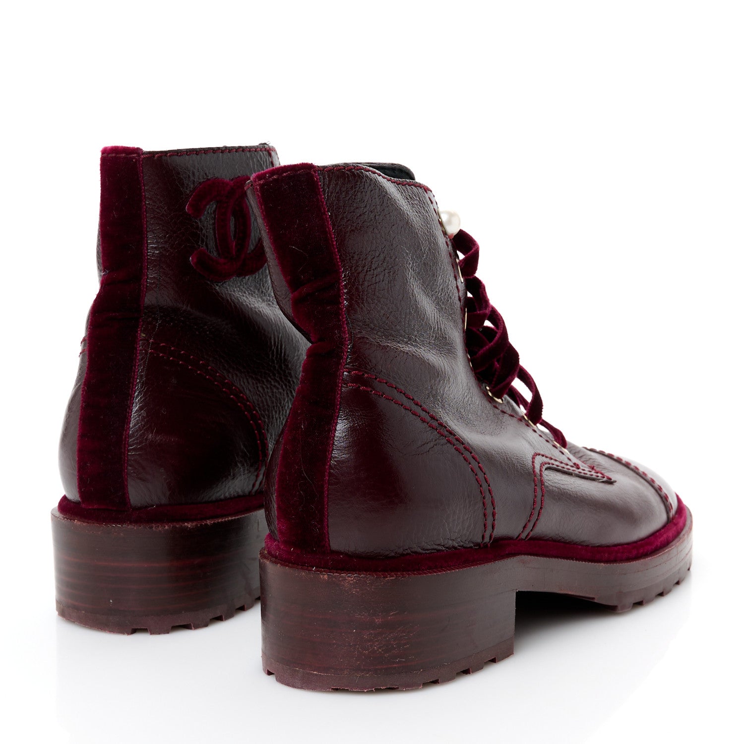 Chanel Shiny Calfskin Velvet Pearl Combat Short Boots 39 Burgundy 5 of 9