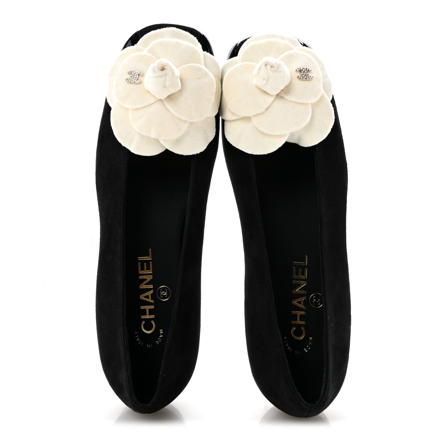 Chanel Suede Patent Cap Toe Camellia Ballerina Flats 37.5 Black White 2 of 10