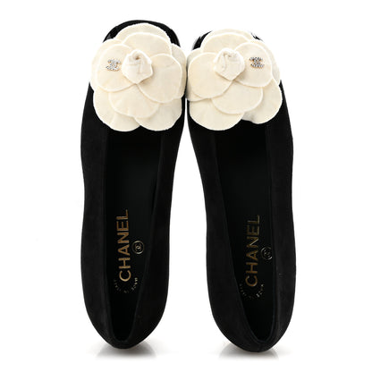 Chanel Suede Patent Cap Toe Camellia Ballerina Flats 37.5 Black White 2 of 10
