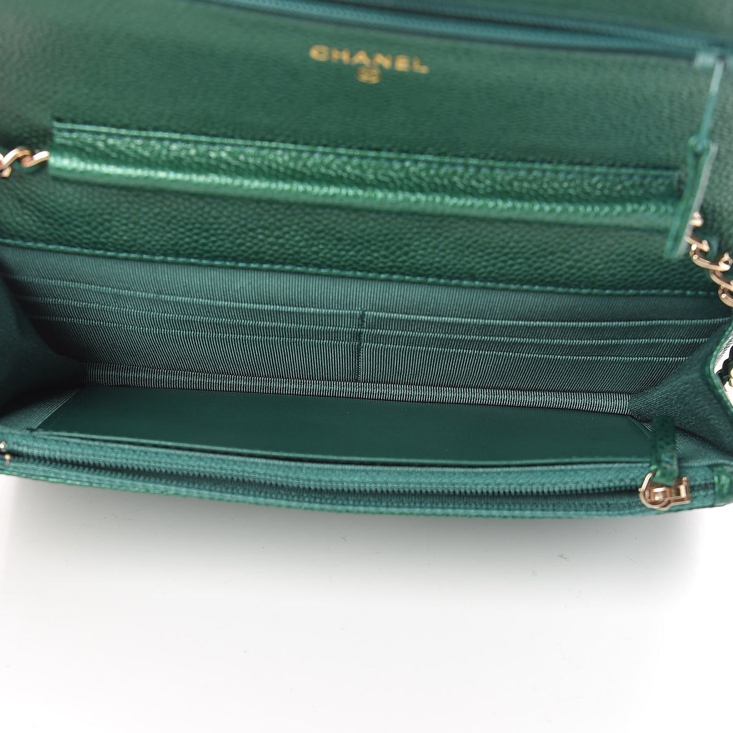 Metallic Caviar Quilted Wallet On Chain WOC Green