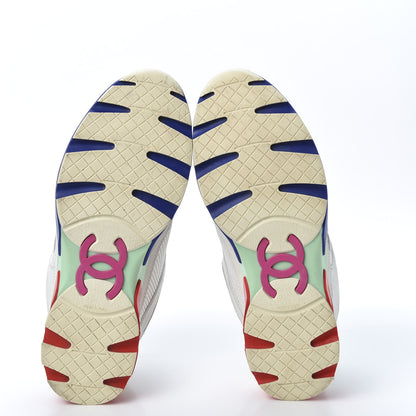 Chanel Calfskin Suede Fabric Womens CC Sneakers 38.5 White Blue Red 5 of 12