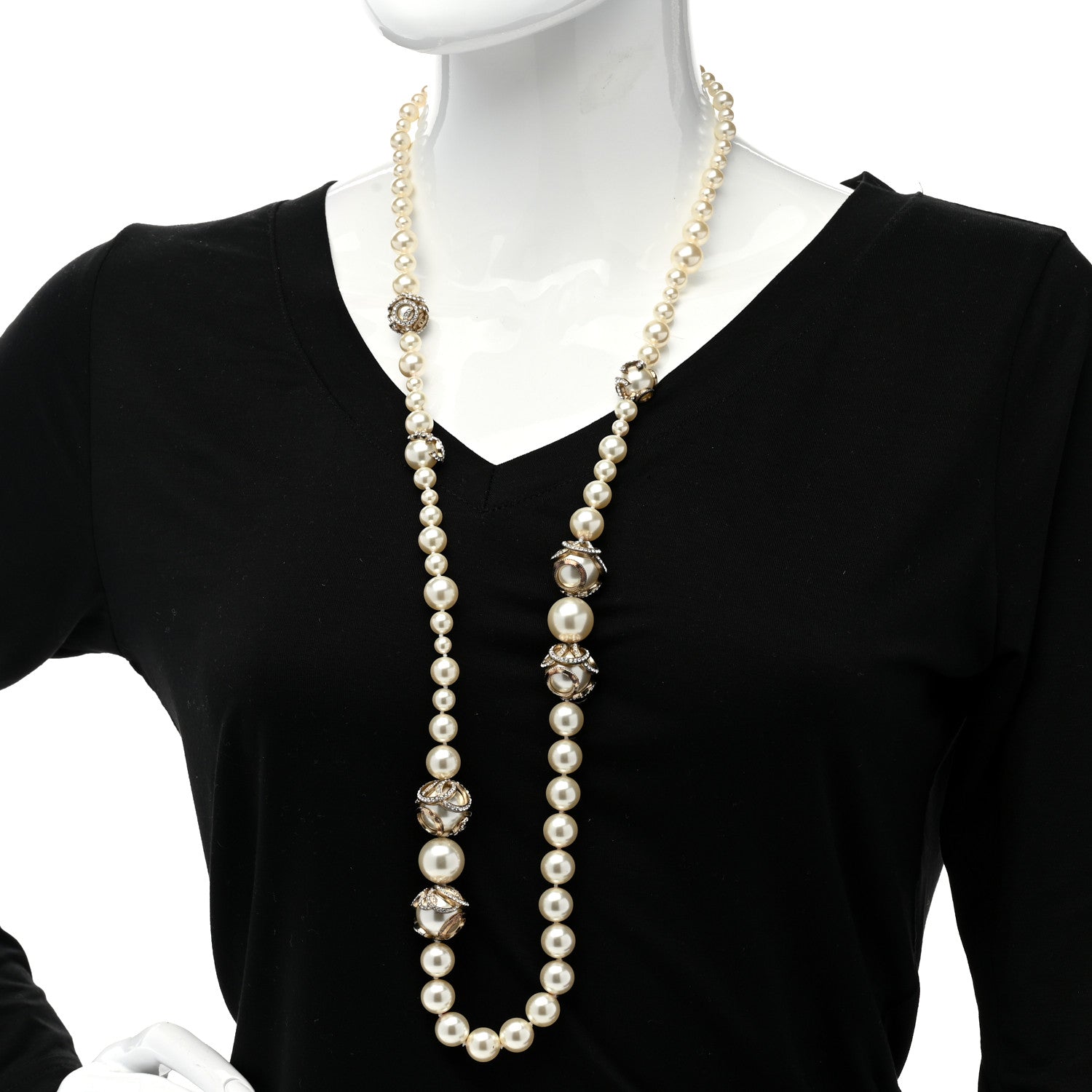 Chanel Pearl Crystal CC Long Necklace Gold Pearly White 2 of 6