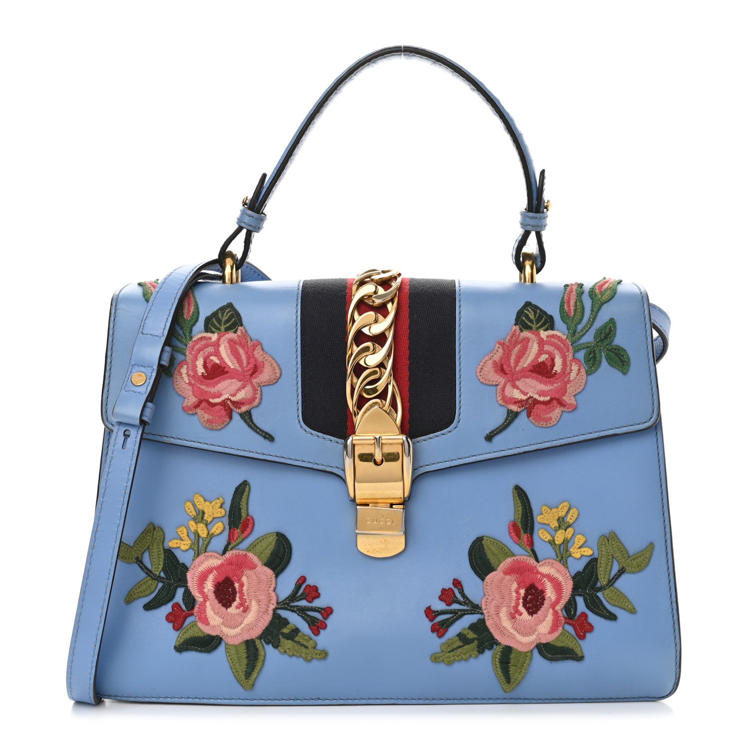 Gucci Calfskin Embroidered Medium Sylvie Top Handle Bag Clear Sky Blue 1 of 19