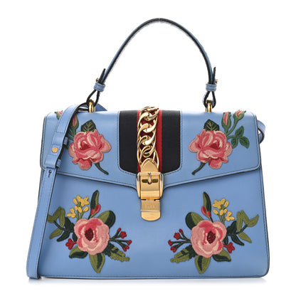 Gucci Calfskin Embroidered Medium Sylvie Top Handle Bag Clear Sky Blue 1 of 19