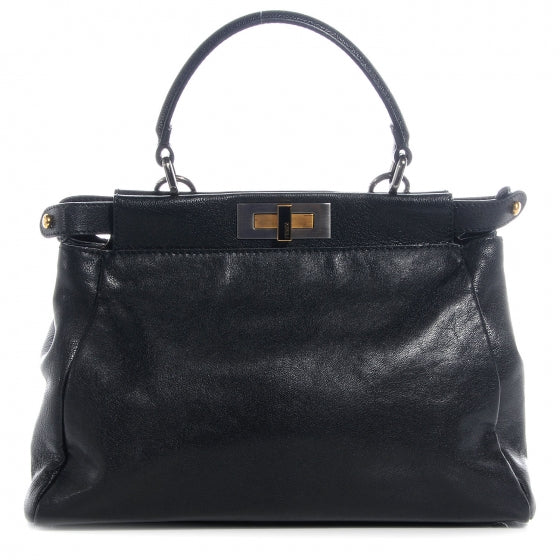 Fendi Goatskin Zucca Medium Peekaboo Iconic Satchel Black Tobacco 1 of 8