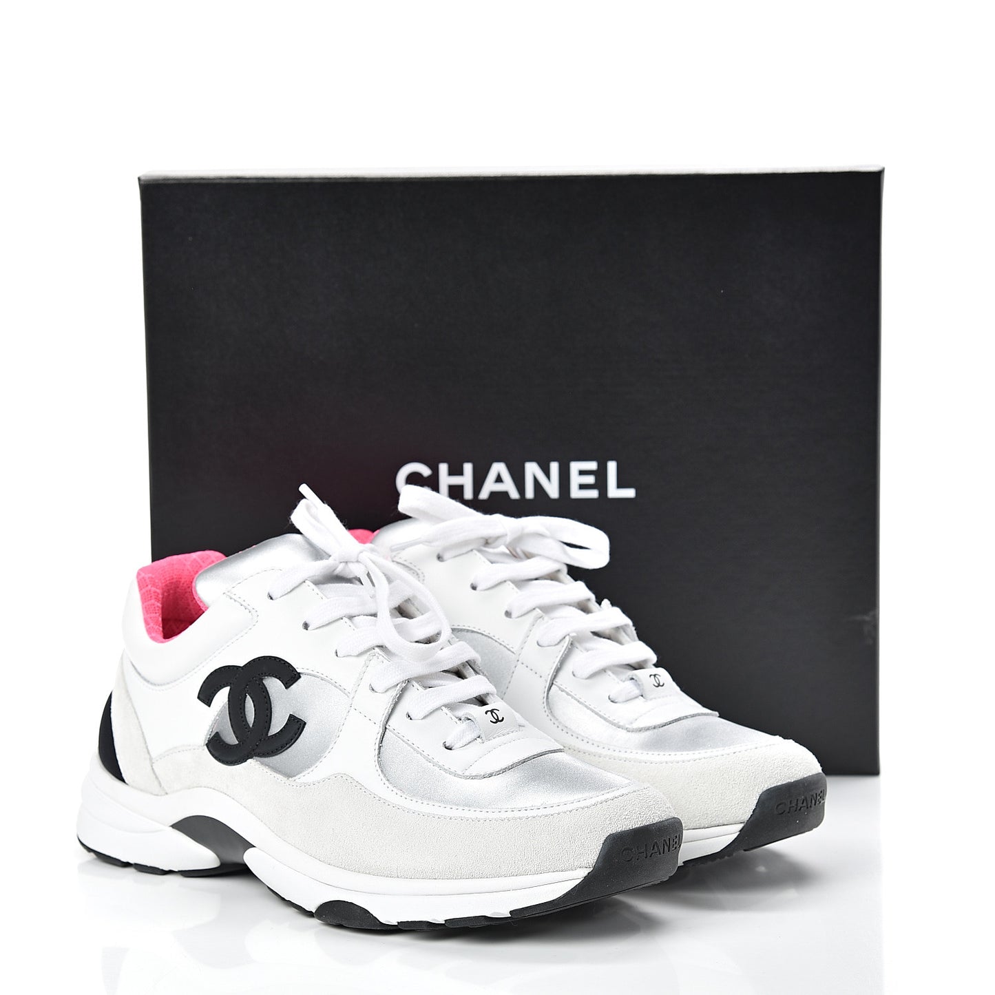 Suede Calfskin CC Sneakers 39 White Silver Fluo Pink