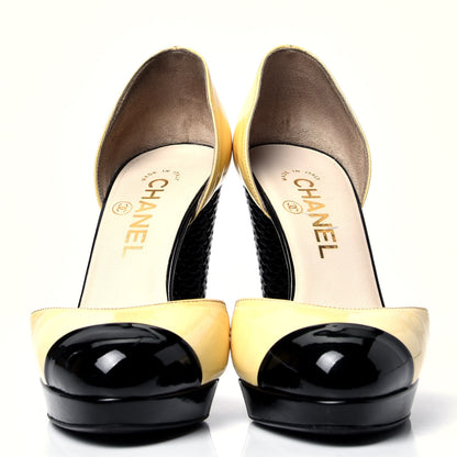 Chanel Patent Snakeskin Embossed Cap Toe d'Orsay Pumps 37 Black Yellow 2 of 8
