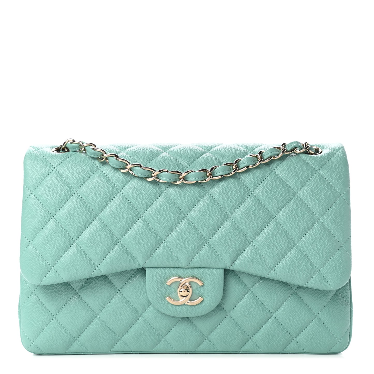 Caviar Quilted Jumbo Double Flap Light Green