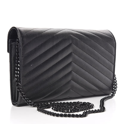 Saint Laurent Grain De Poudre Matelasse Chevron Monogram Chain Wallet Black 3 of 10