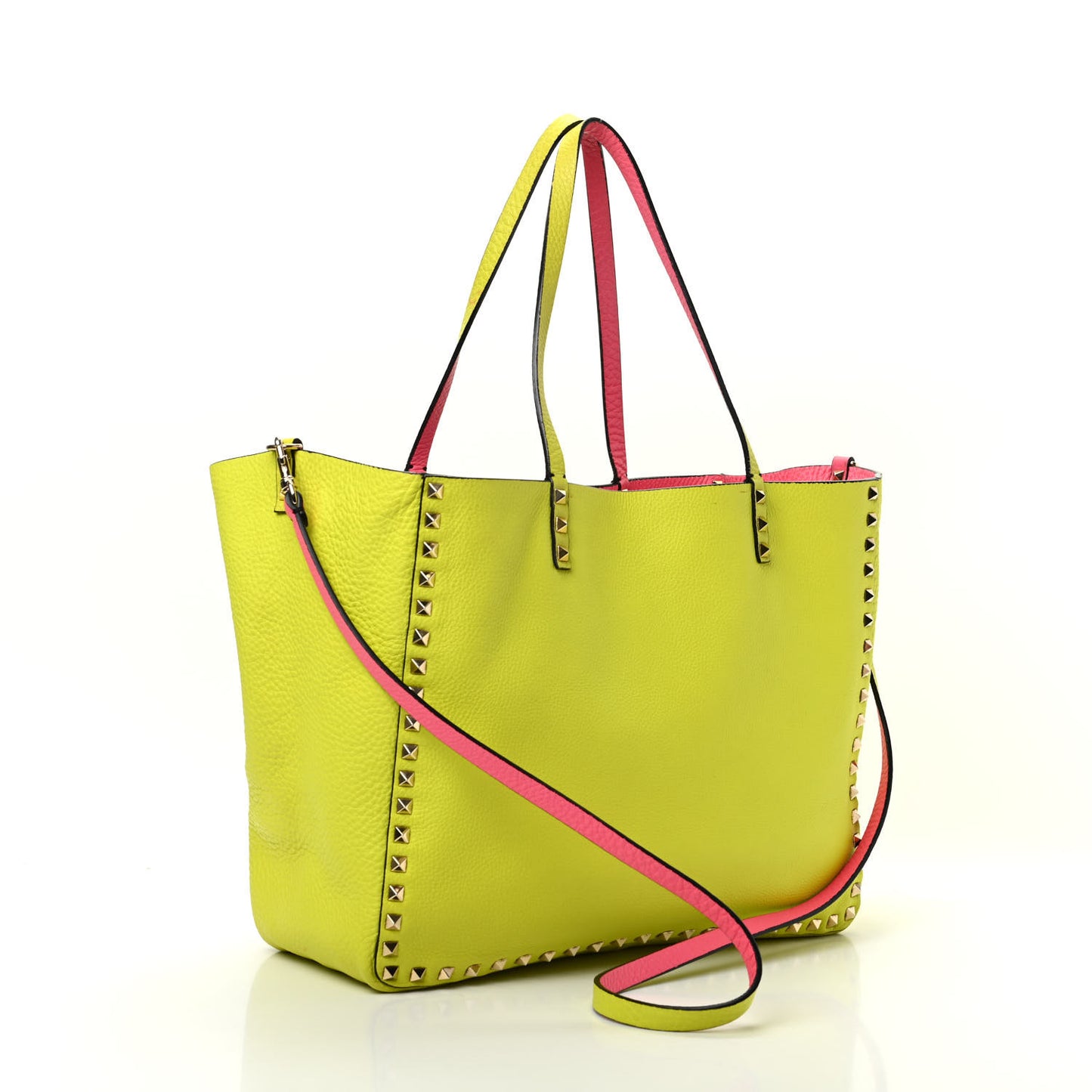 Grained Calfskin Large Rockstud Reversible Tote Pink Yellow