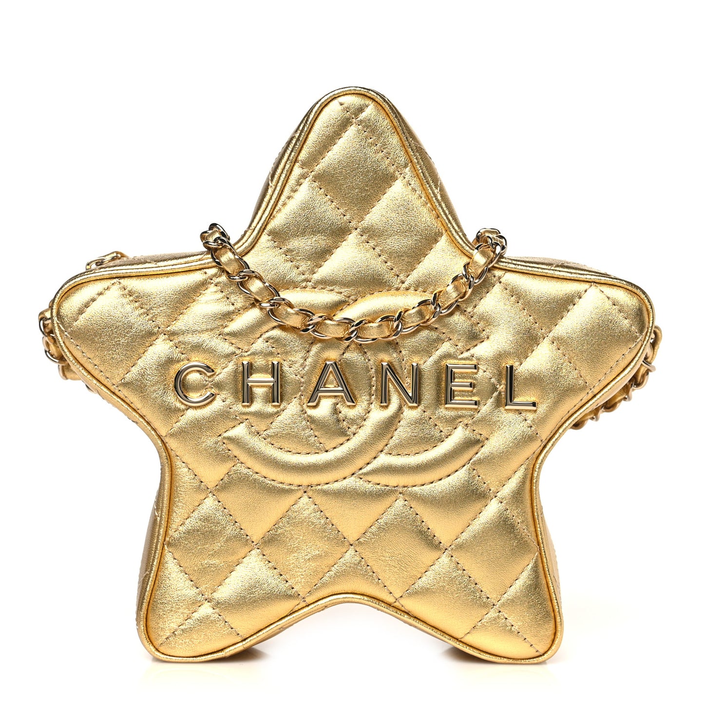 Metallic Lambskin Quilted Walk Of Fame Star Bag Gold