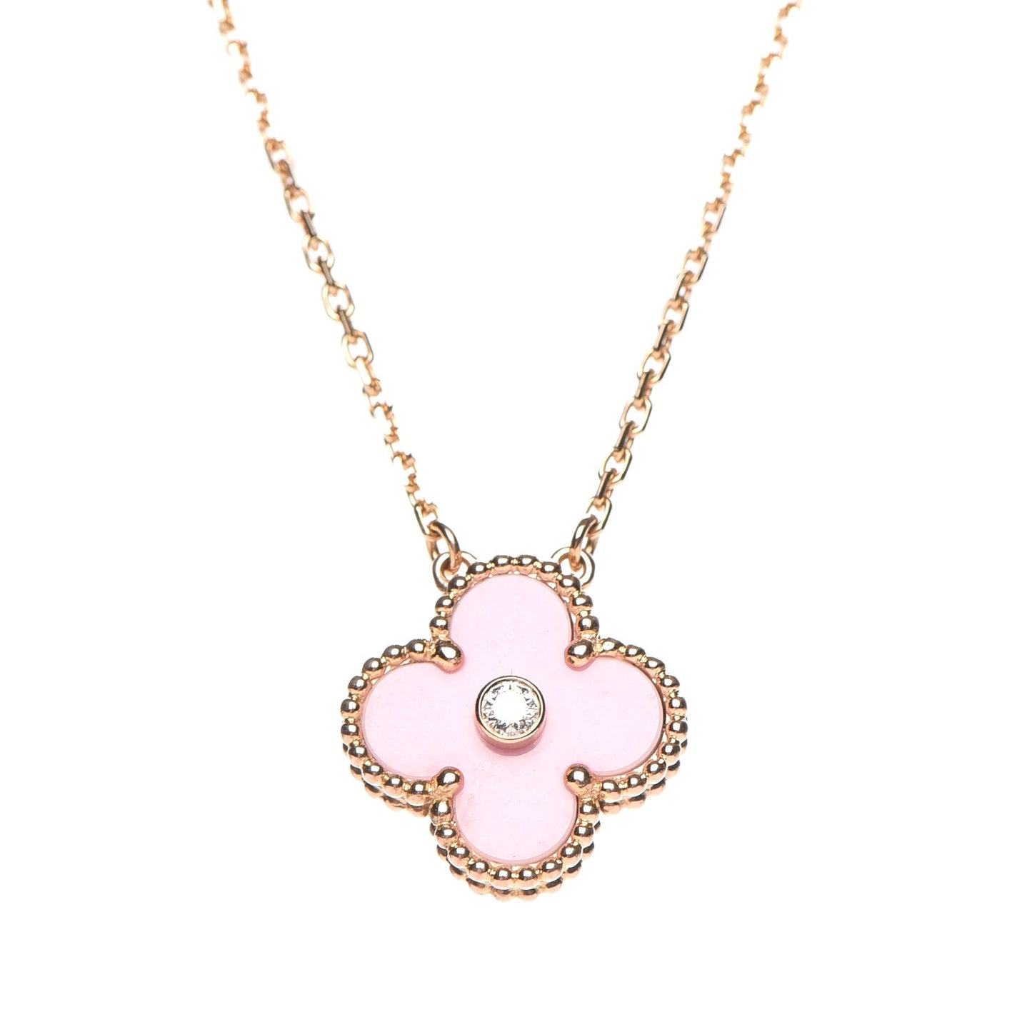 18K Rose Gold Diamond Pink Porcelain Vintage Alhambra Pendant Necklace