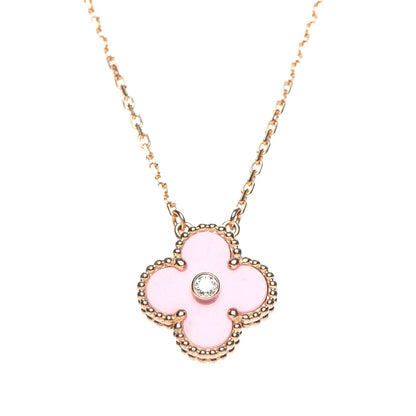 Van Cleef & Arpels 18K Rose Gold Diamond Pink Porcelain Vintage Alhambra Pendant Necklace 4 of 8