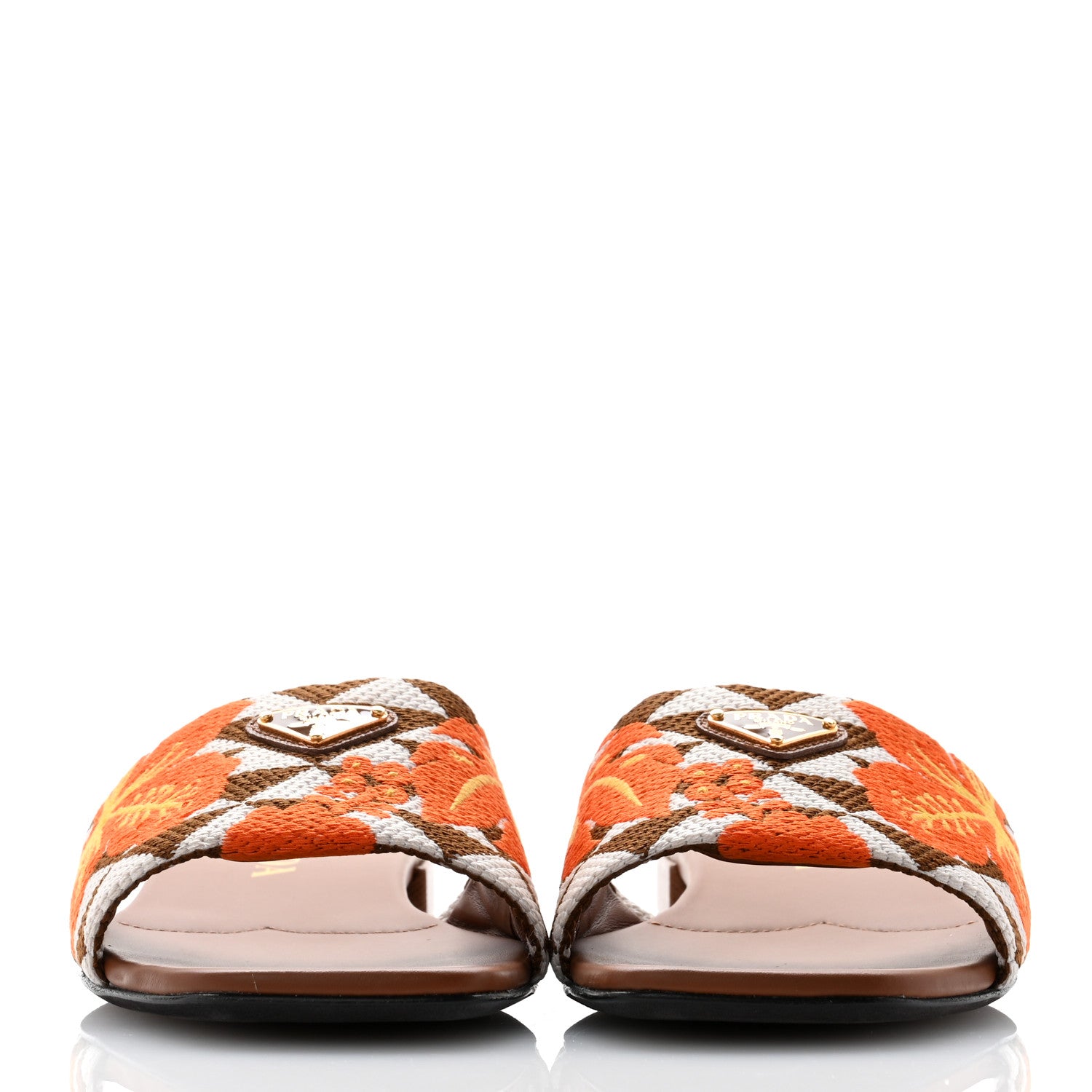 Prada Jacquard Trianglolo Symbole Ibiscus Metal Triangle Logo Embroidered 10mm Slide Sandals 37 Tabacco Talco 2 of 8