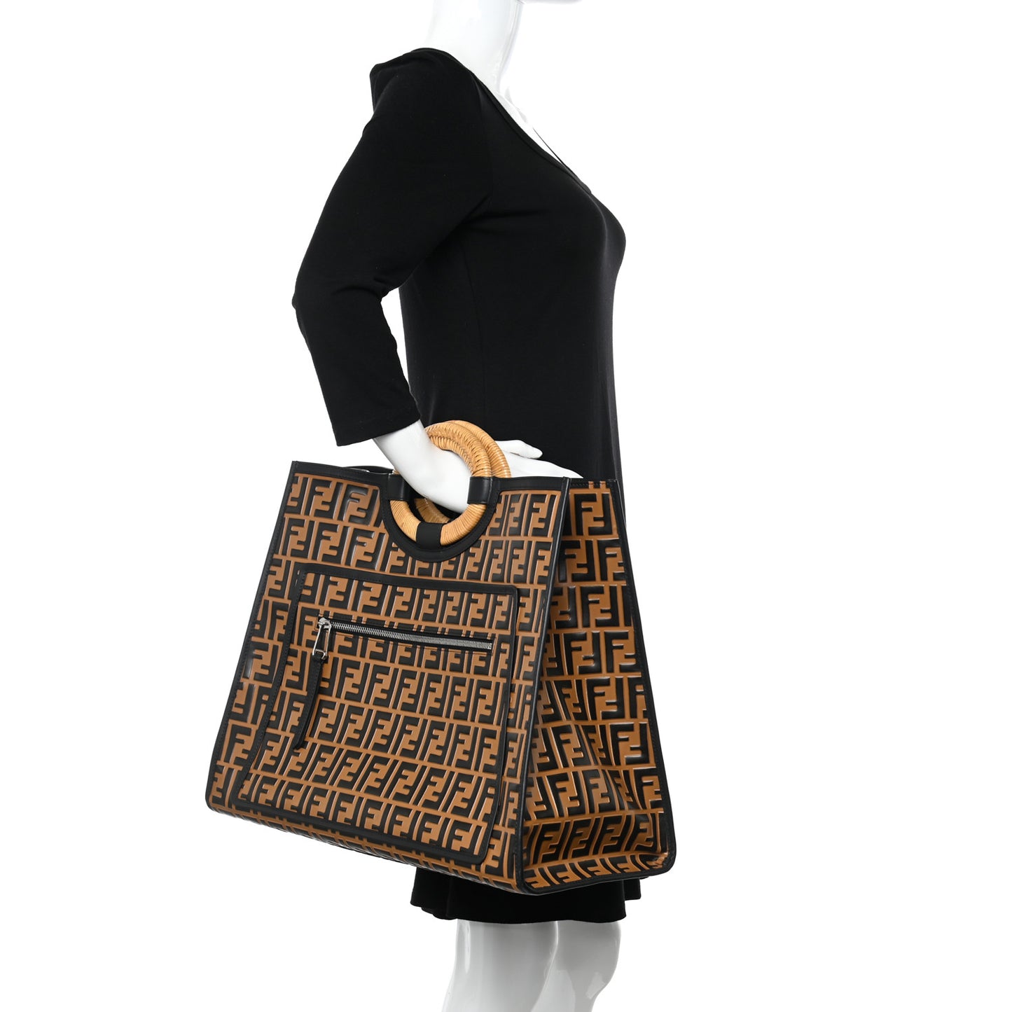 Vitello Century Wicker FF Embossed Large Runaway Shopper Tote Tobacco Black
