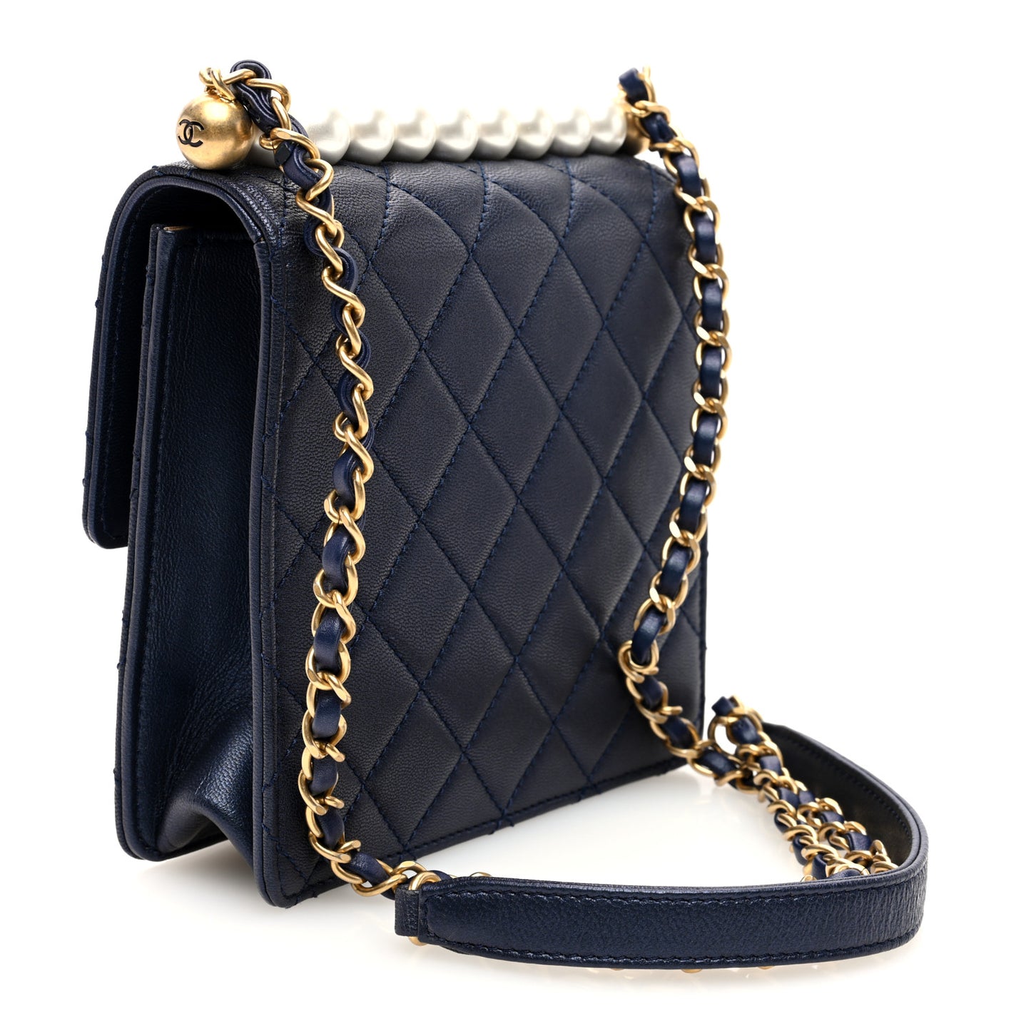 Iridescent Lambskin Quilted Chic Pearls Flap Navy Blue