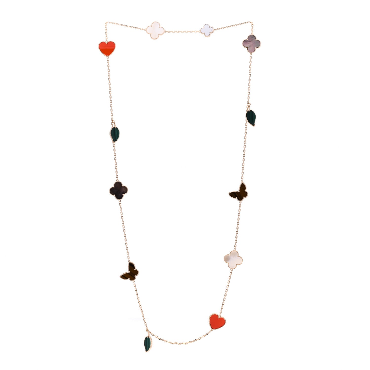 Van Cleef & Arpels 18K Yellow Gold Mother of Pearl Malachite Carnelian Tiger Eye 12 Motif Lucky Alhambra Necklace 3 of 5