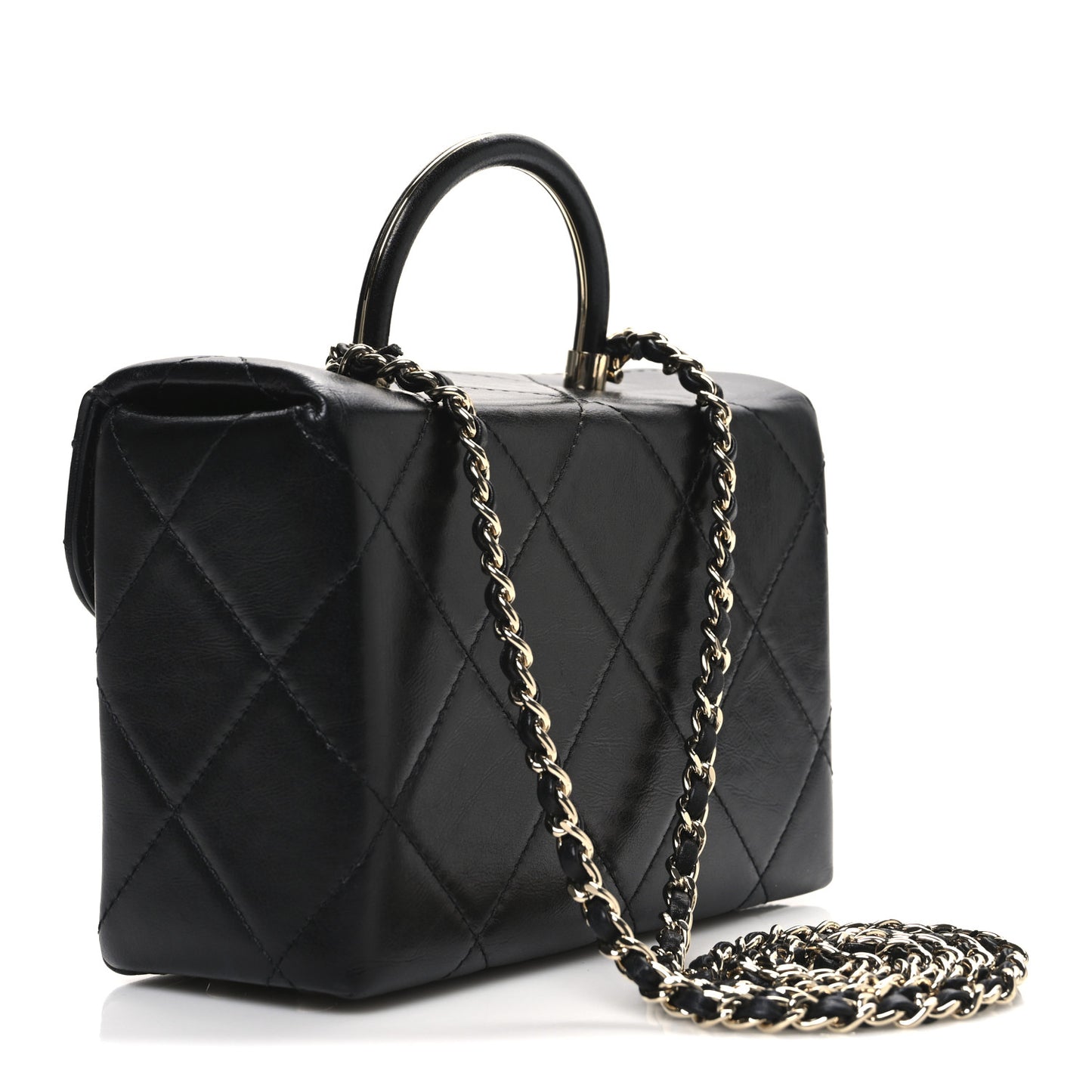 Shiny Calfskin Quilted CC Handle Vanity Flap Bag Black