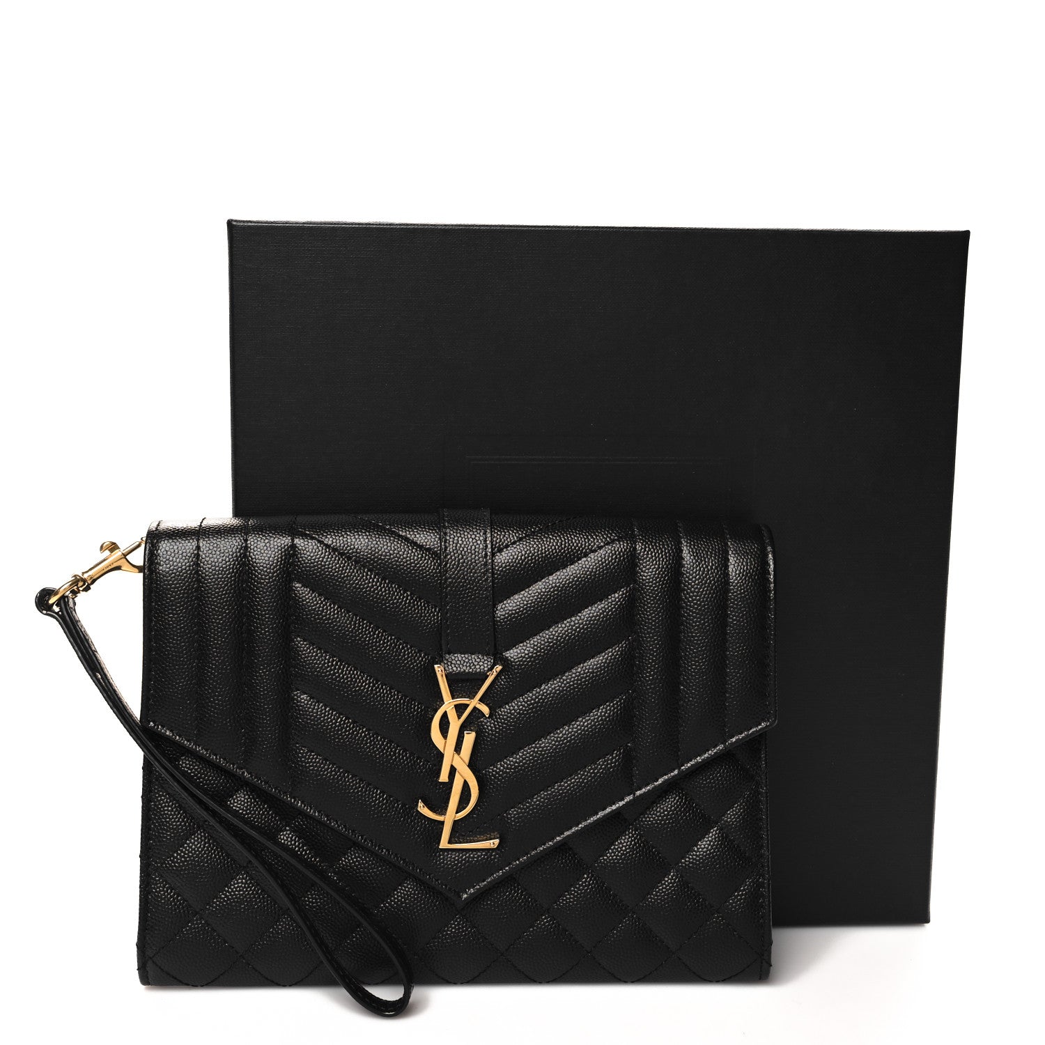 Saint Laurent SAINT LAURENT Grain De Poudre Matelasse Chevron Monogram Envelope Clutch Black 11 of 11