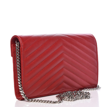 Saint Laurent Grain De Poudre Matelasse Chevron Monogram Chain Wallet New Red 3 of 9