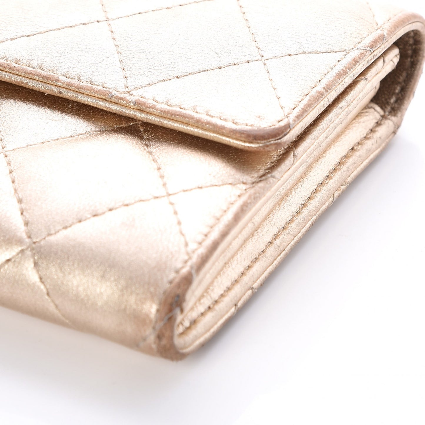 Metallic Lambskin Quilted Large Gusset Flap Wallet Pale Gold