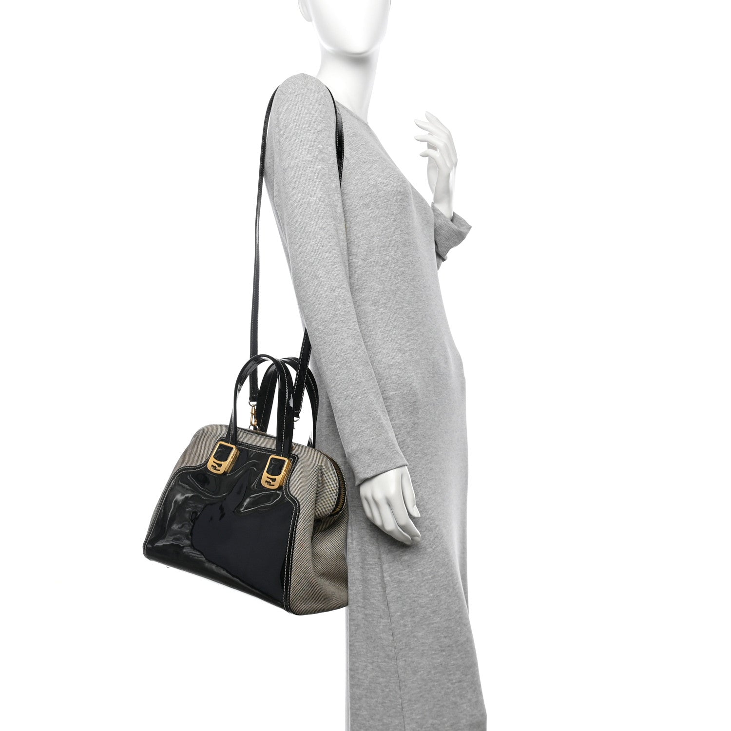 Fendi Patent Canvas Small Chameleon Tote Black 2 of 10