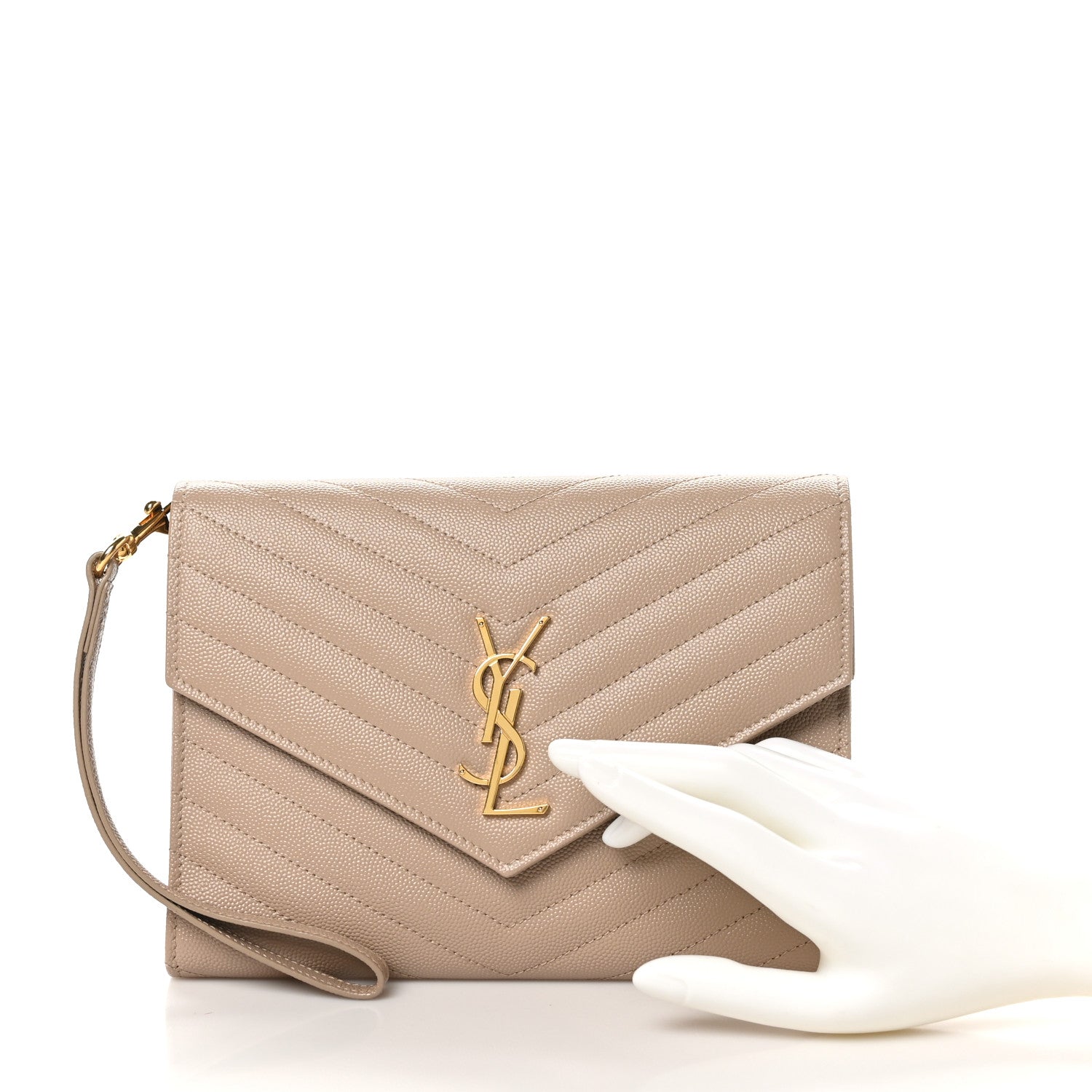 Saint Laurent Grain De Poudre Matelasse Chevron Monogram Envelope Clutch  Dark Beige 2 of 8