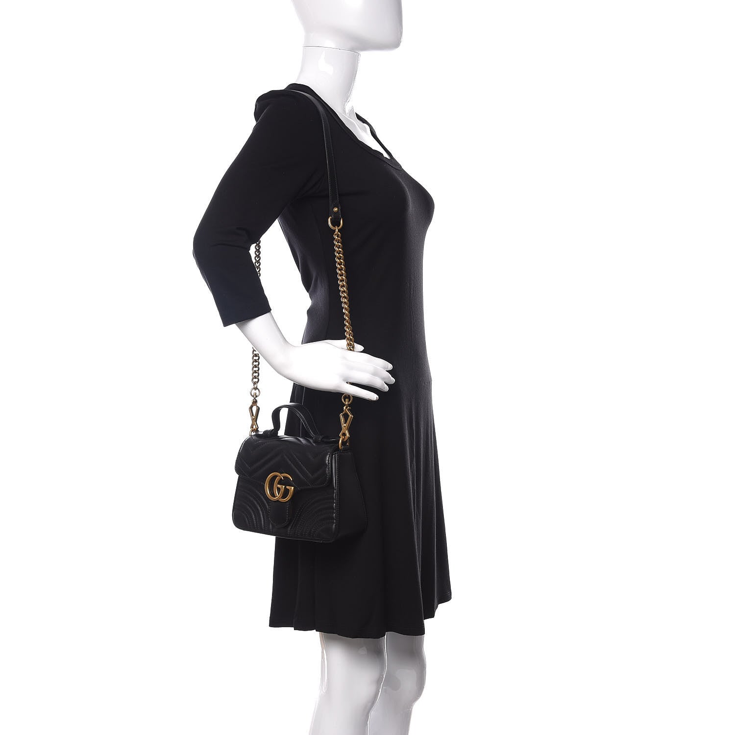 Gucci Calfskin Matelasse Mini GG Marmont Top Handle Shoulder Bag Black 2 of 13