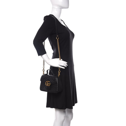 Gucci Calfskin Matelasse Mini GG Marmont Top Handle Shoulder Bag Black 2 of 13