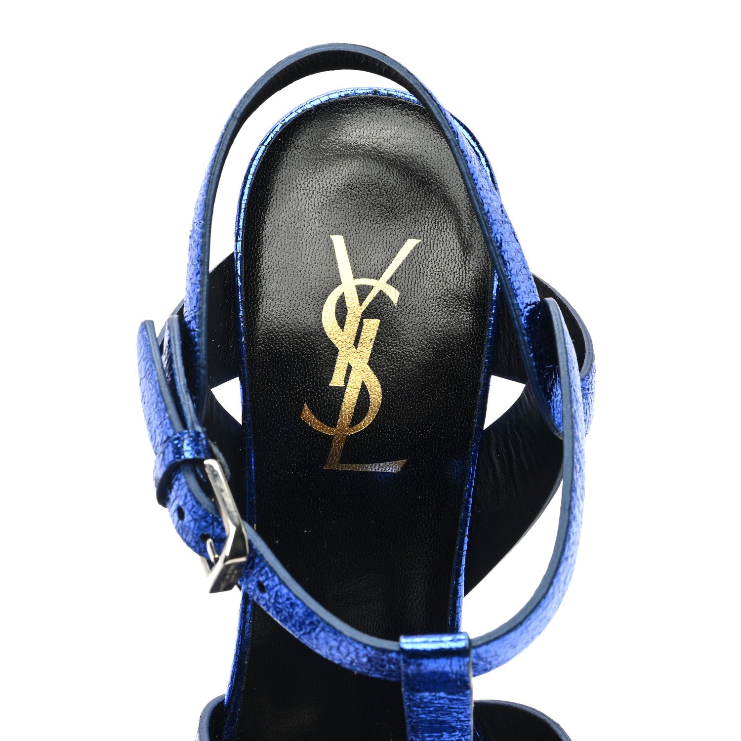Saint Laurent Metallic Crackled Calfskin Tribute 75 Platform Sandals 38.5 Blue 7 of 9