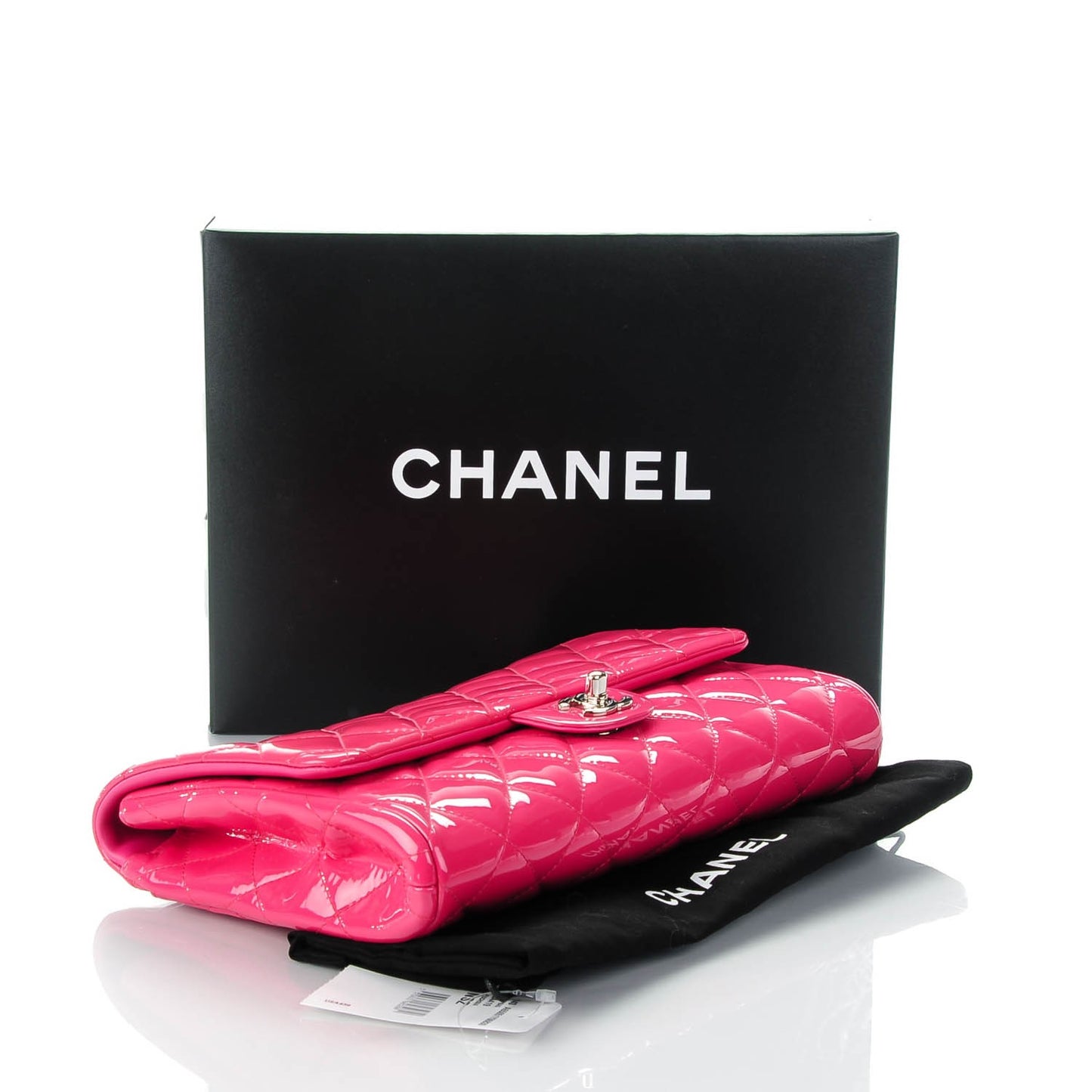 Patent Calfskin Quilted Clutch With Chain Flap Fuchsia