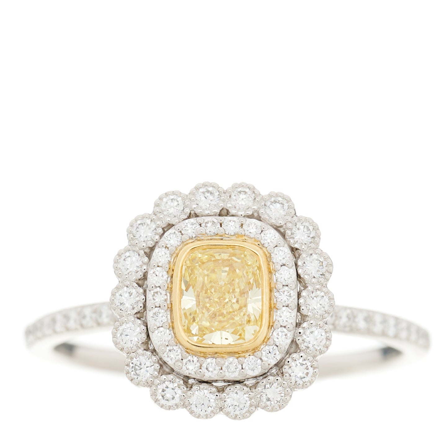 Platinum 18K Yellow Gold Fancy Intense Yellow Diamond .77ct Enchant Cushion Engagement Ring 65 11