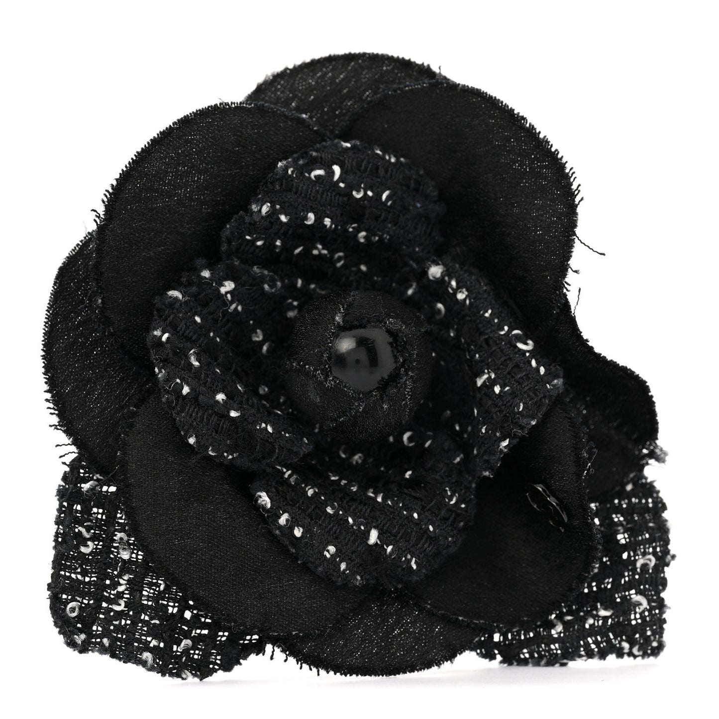 Tweed Camellia Pin Brooch Black White