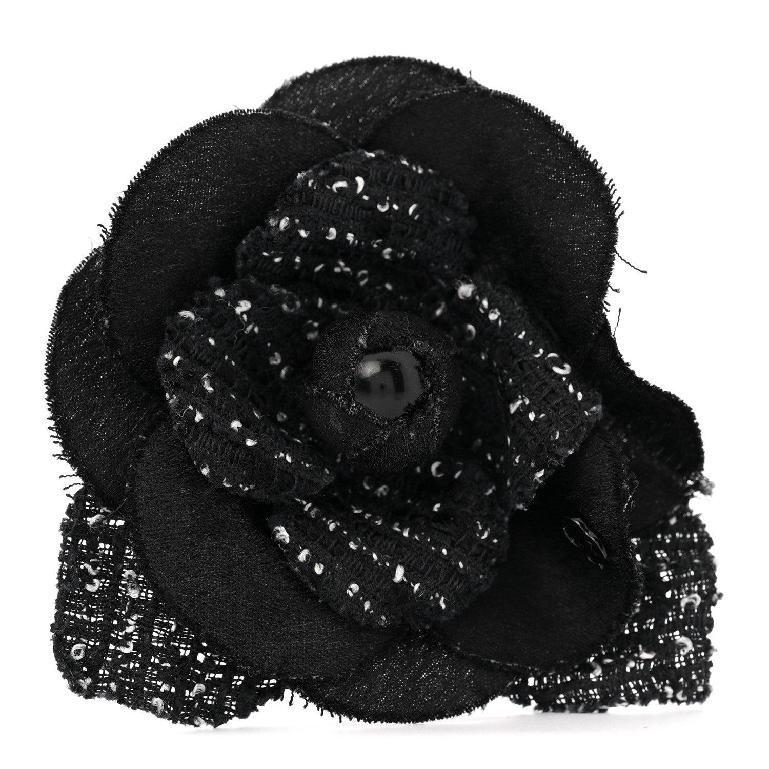 Chanel Tweed Camellia Pin Brooch Black White 1 of 5