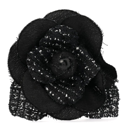 Chanel Tweed Camellia Pin Brooch Black White 1 of 5