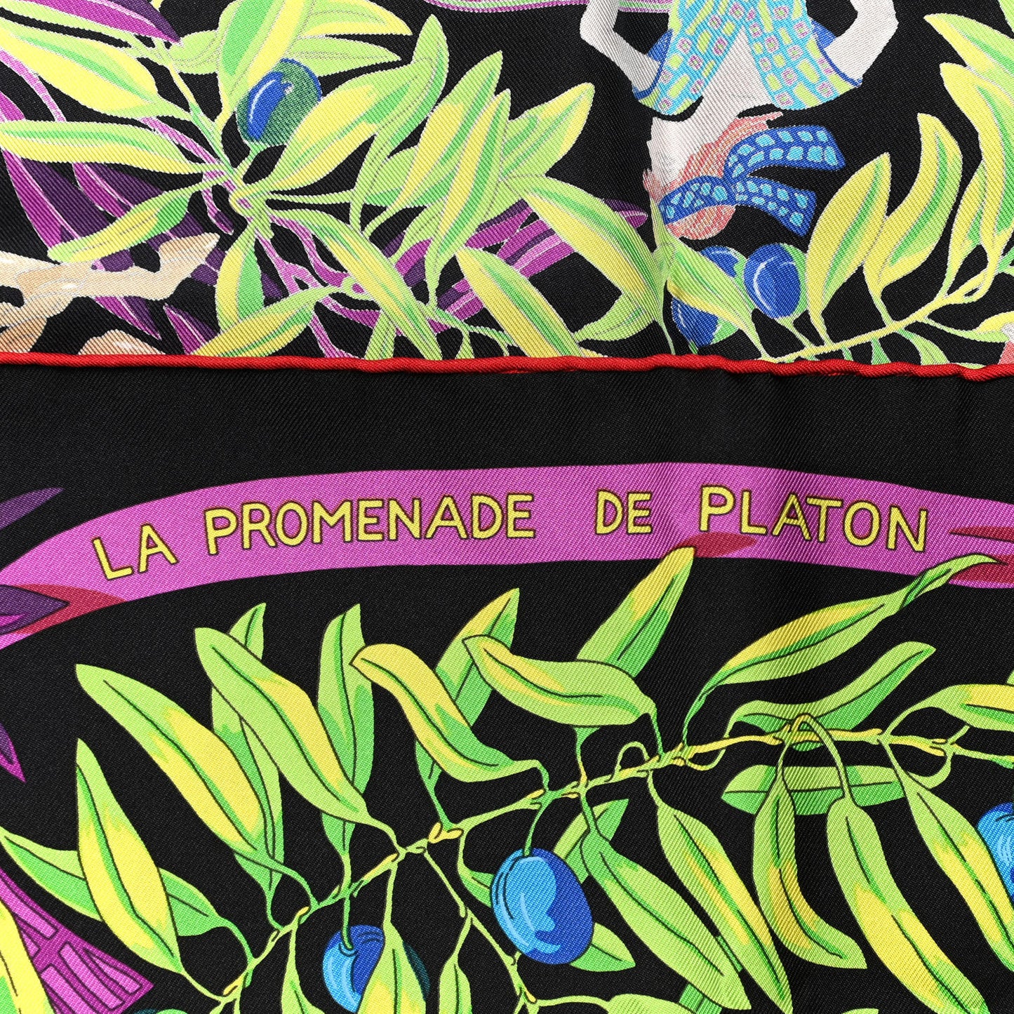 Silk La Promenade De Platon Scarf 90 Black Vert Fluo Vermillon