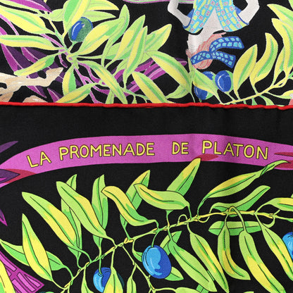 Hermes Silk La Promenade De Platon Scarf 90 Black Vert Fluo Vermillon 5 of 5