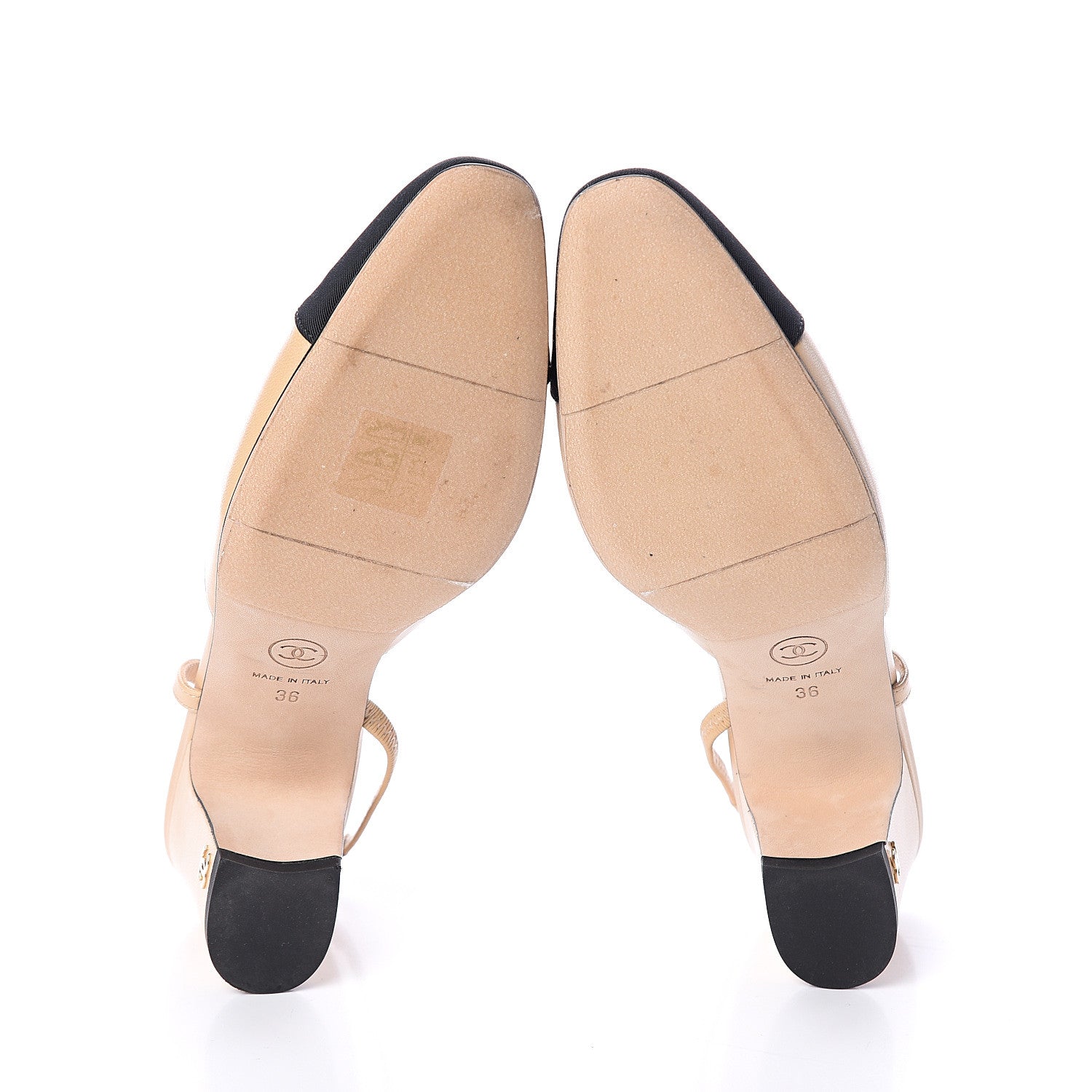 Chanel Goatskin Grosgrain Cap Toe CC Slingback Pumps 36 Beige Black 5 of 7