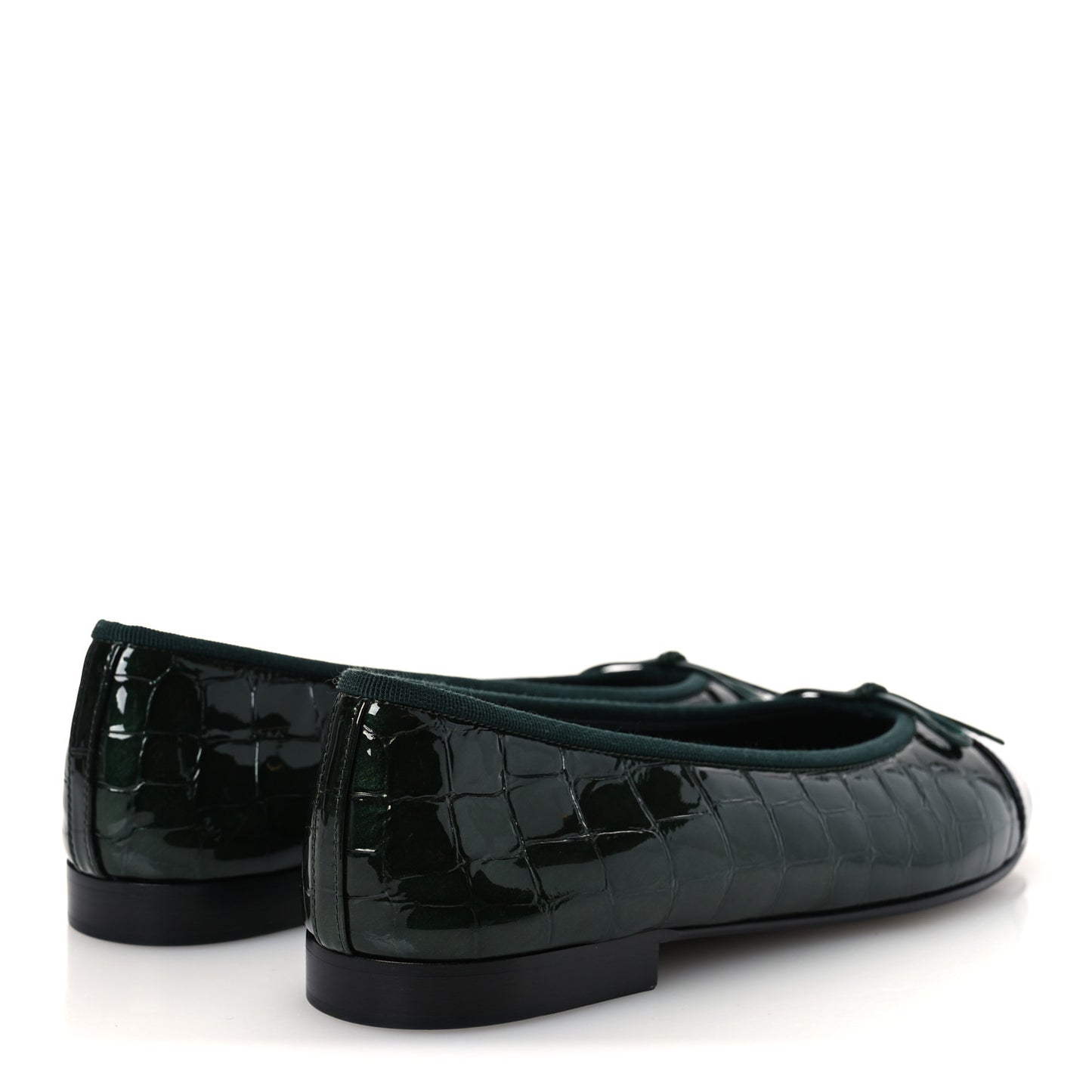 Crocodile Embossed Patent Calfskin Cap Toe CC Ballerina Flats 37.5 Dark Green Black