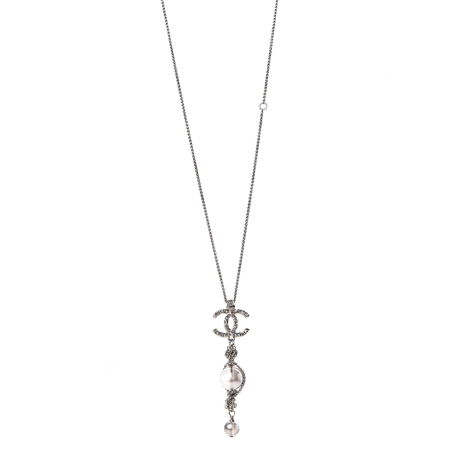 Chanel Pearl Crystal Resin CC Drop Necklace Silver Dark Grey 1 of 6