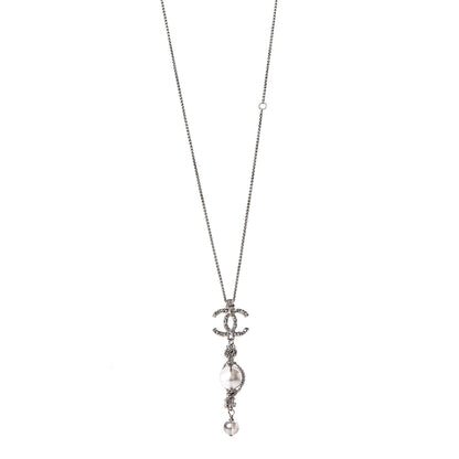 Chanel Pearl Crystal Resin CC Drop Necklace Silver Dark Grey 1 of 6