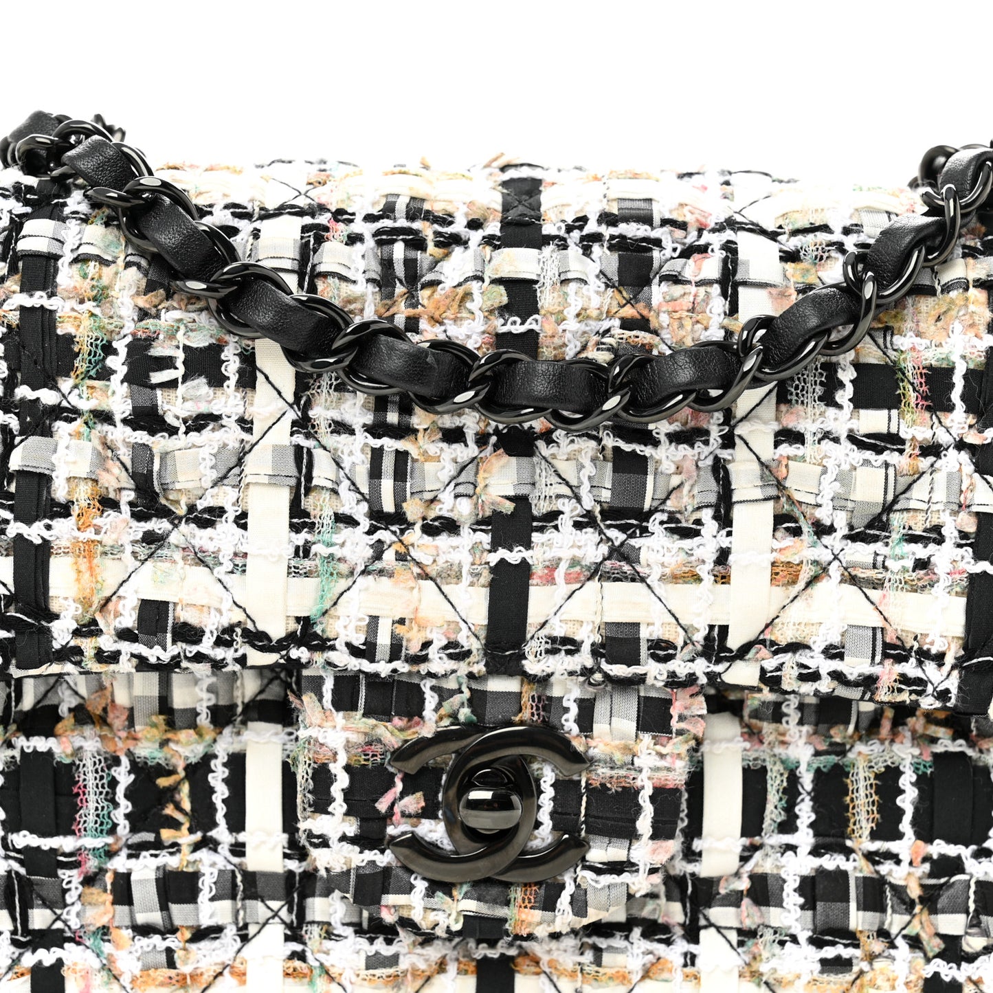 Tweed Quilted Mini Rectangular Flap White Black Multicolor