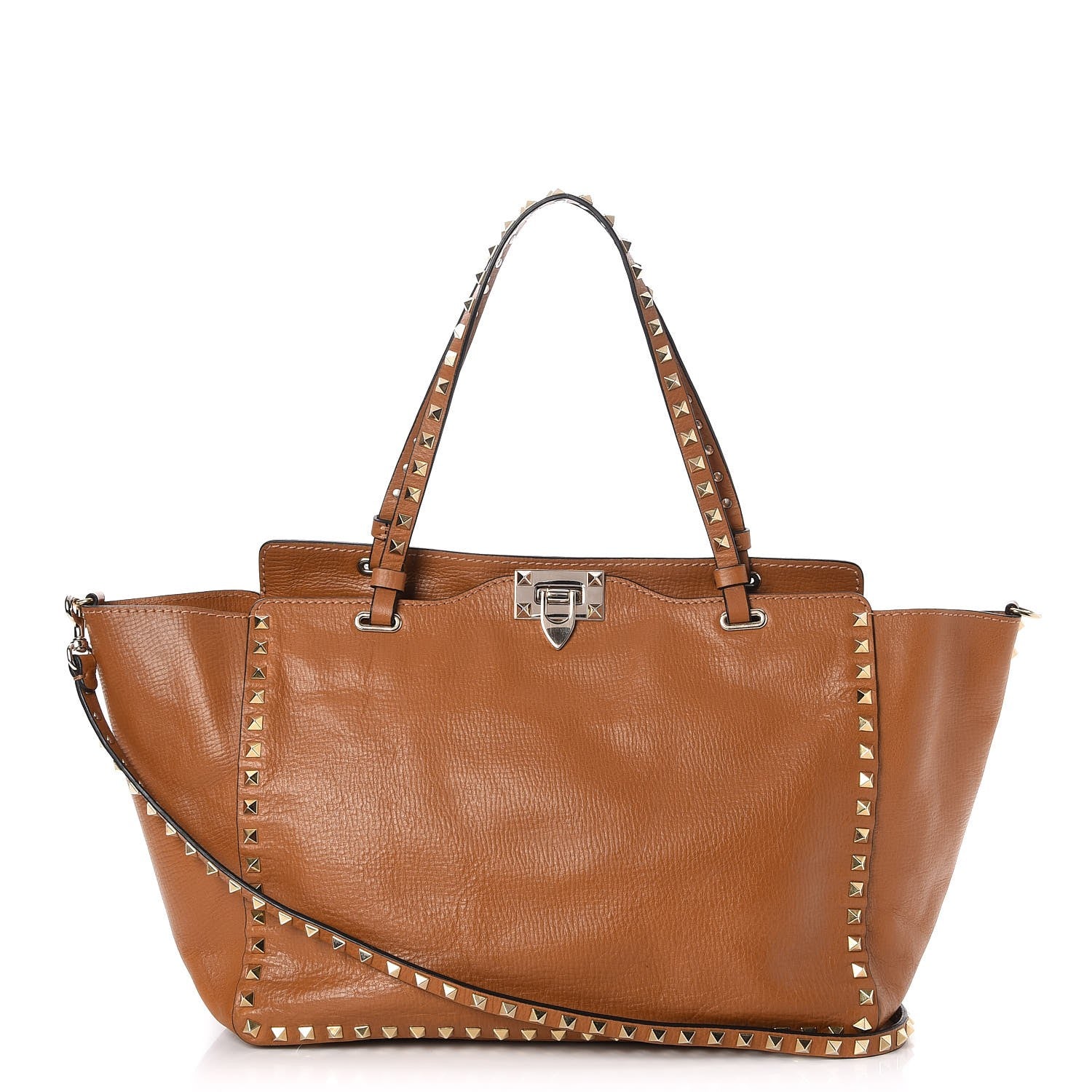 Valentino Garavani Textured Calfskin Medium Rockstud Tote Camel 1 of 8