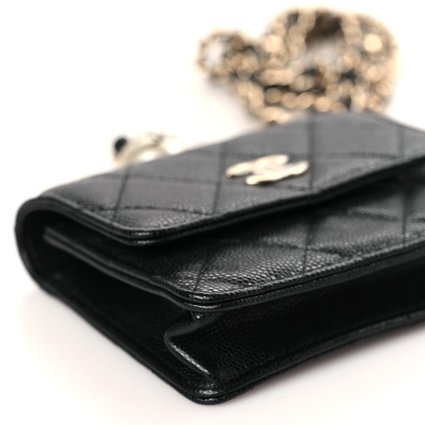 Caviar Quilted Mini Pearl On Top Coin Purse With Chain Black